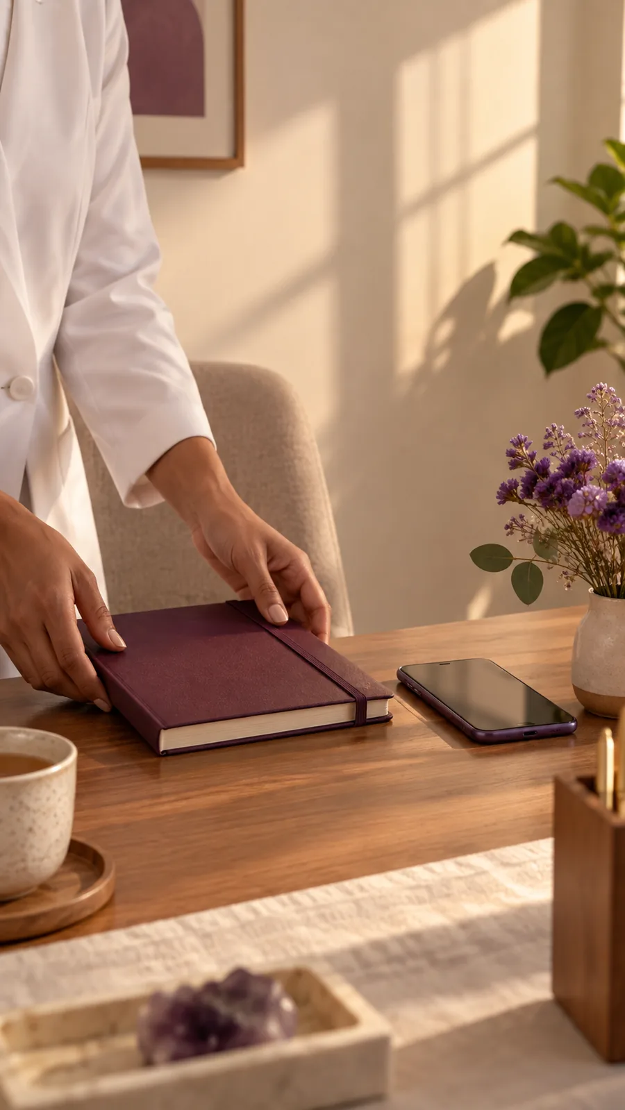 Mesa de consultório com caderno, celular e flores em luz de fim de tarde